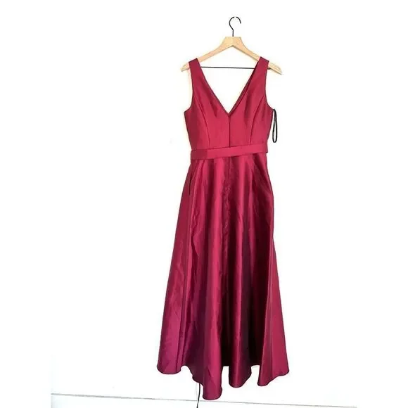 Alfred Sung V-Neck Belted Evening Gown Burgundy